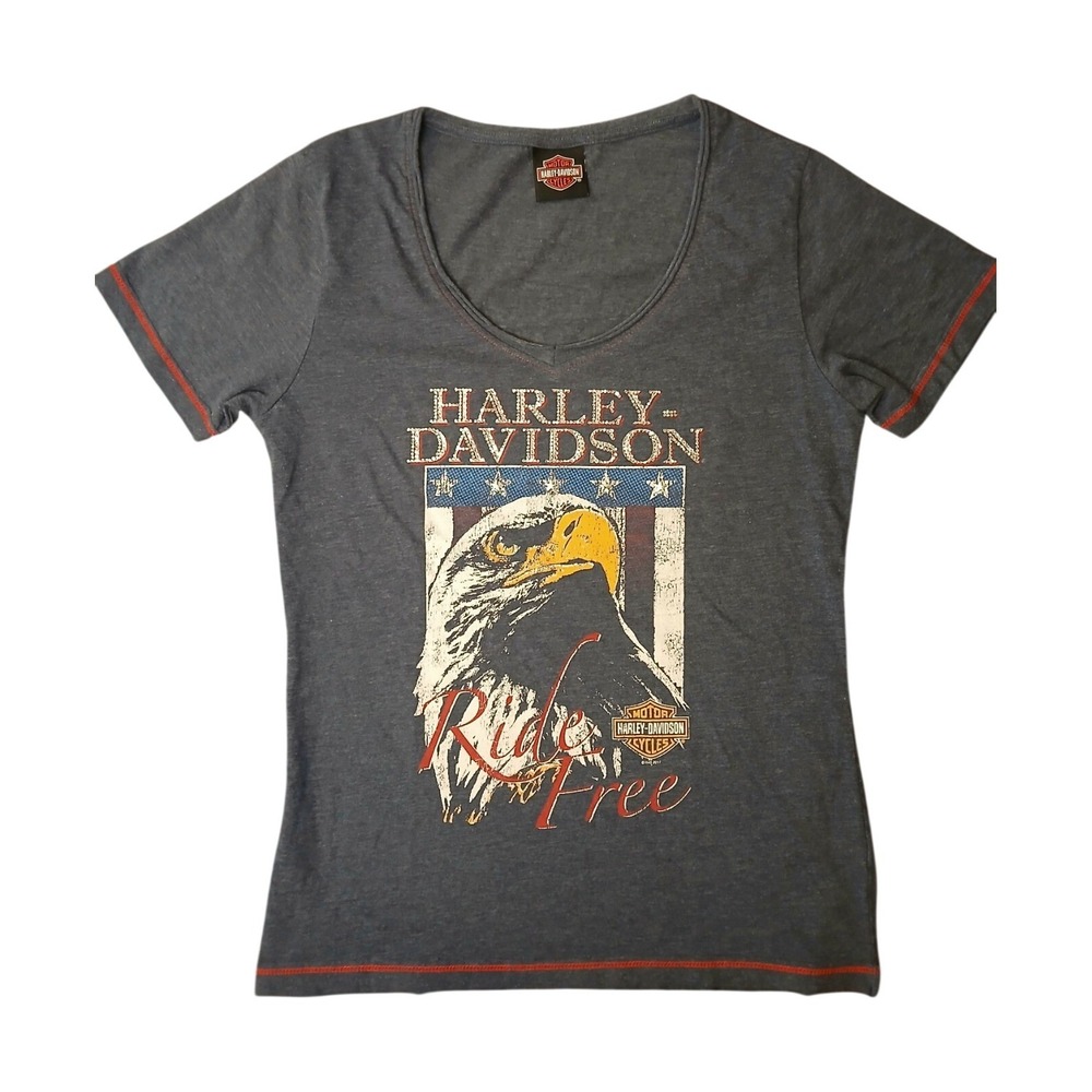 HARLEY DAVIDSON Womens Rhinestone Stud Eagle RIDE FREE V-neck T-shirt SzL  #306C